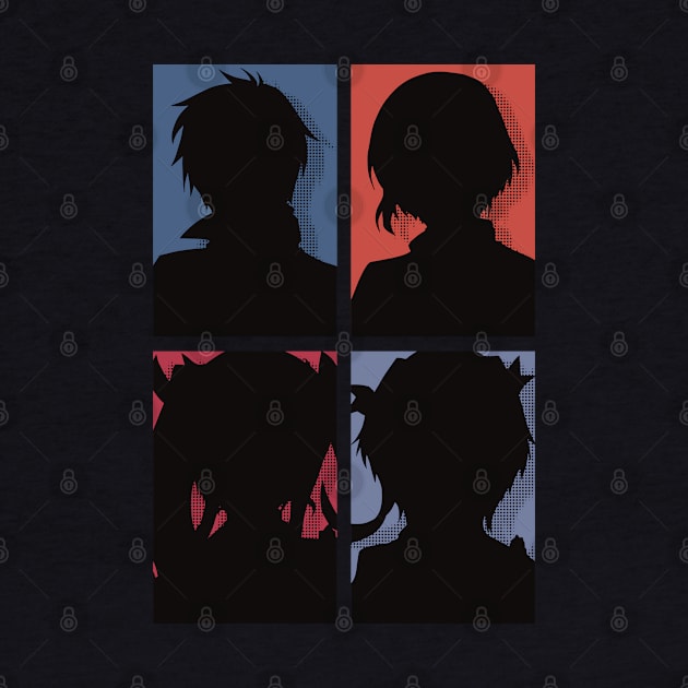 The Misfit of Demon King Academy or Maou Gakuin Anime Characters : Anos Voldigoad, Misha Necron, Sasha Necron, and Lay Glanzudlii in Silhouette Pop art Design by Animangapoi